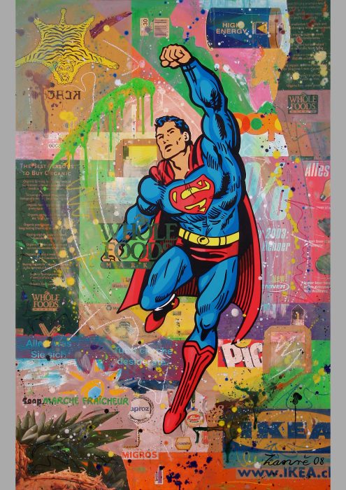 Superman auf Energy - 2008 - Acryl auf Papiertragtaschen auf Holzplatte aufgezogen 130 X 83 cm