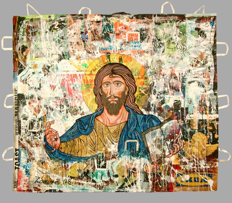 Cristo Pantocratore di Cefalù - 2008 - Acryl, Neocolor, Collage, Fundstücke auf Papiertragtaschen - 160 x 180 cm