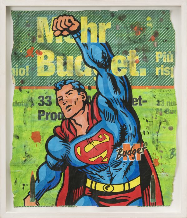 ZanRé - Pop Brut - Superman auf Budget - 50 x 40 cm - Acryl auf Papiereinkaufstaschen - 2016