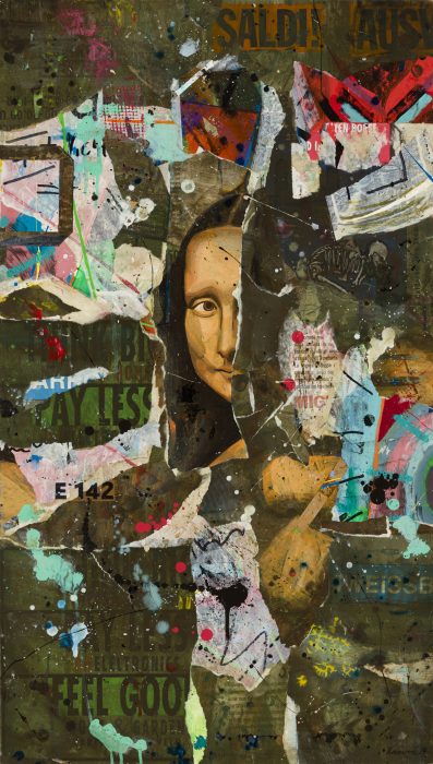 E_142 - (Gioconda Links) - Acryl auf bedruckte Papier Tragtaschen auf Kunststoffplatte - 96 x 54 cm - 2024