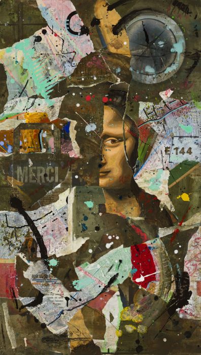 E_144 - (Gioconda Rechts) - Acryl auf bedruckte Papier Tragtaschen auf Kunststoffplatte - 96 x 54 cm - 2024