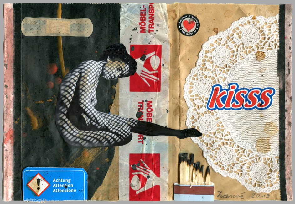 ZanRé - Kleinvieh macht auch Mist! - Nr. 140 Attention Kiss - 21 x 29,7 cm - Collage / Acryl / Fundstücke auf Migros-, Coop-, Denner-, etc. Sack - 2019