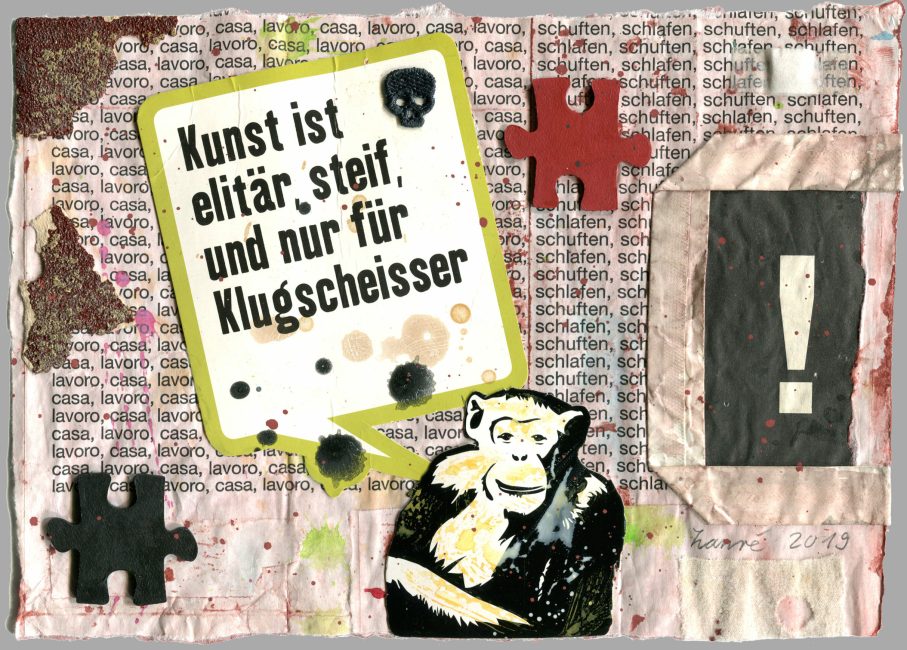 ZanRé - Kleinvieh macht auch Mist! - Nr. 140 Kunst Ist ... - 21 x 29,7 cm - Collage / Acryl / Fundstücke auf Migros-, Coop-, Denner-, etc. Sack - 2019