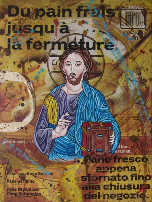 Pop brut Nr 84 (Christus) - 2009 - Acryl auf bedruckte Papiertragtaschen auf Holz - 40 x 30 cm